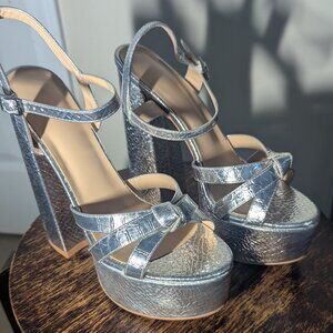 Metallic Silver Women's Chunky Platform Heels - Size 9